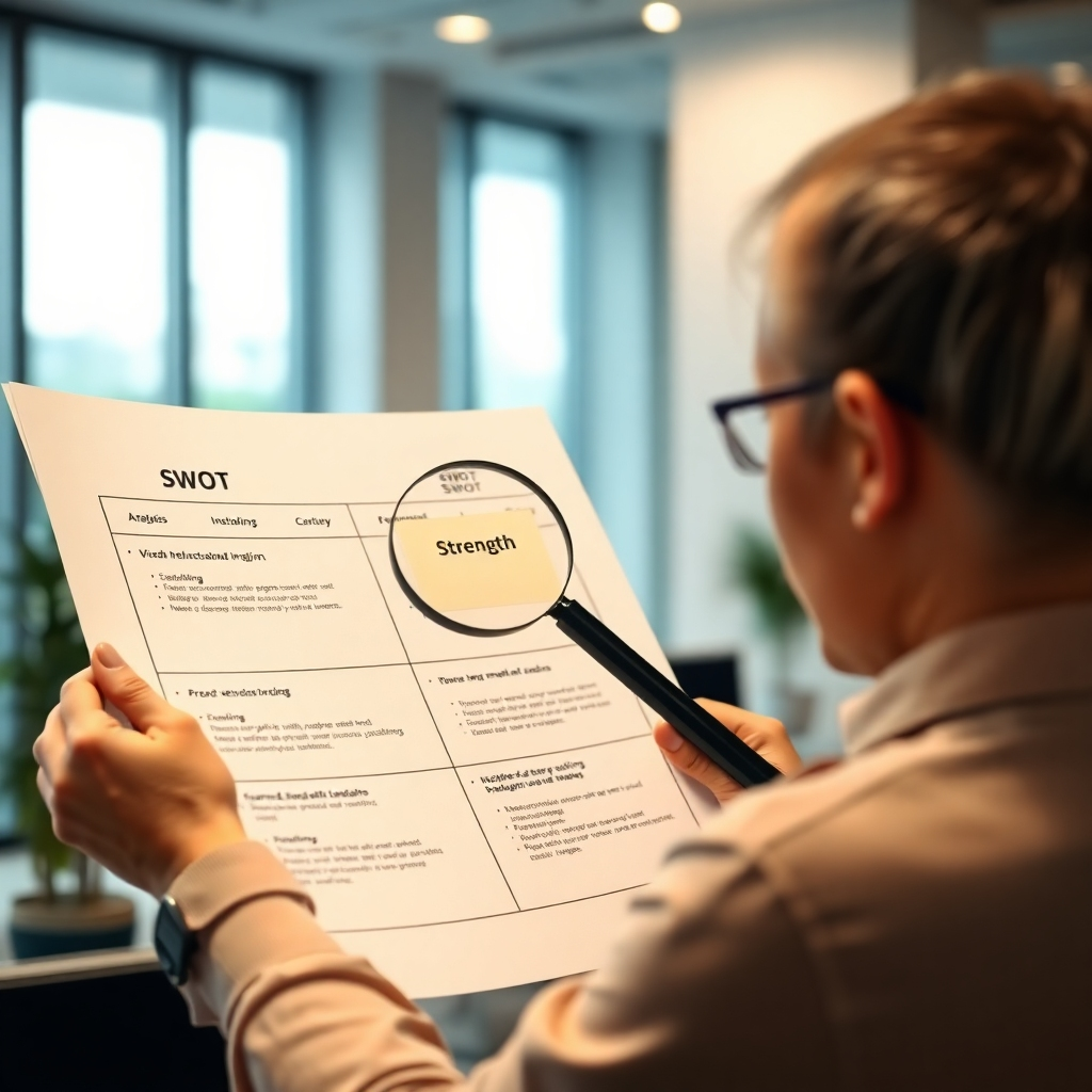 A photorealistic image of a person thoughtfully reviewing a SWOT analysis chart, with a magnifying glass highlighting a key strength. The background should be a modern, minimalist office setting, suggesting focus and clarity. The overall mood should be positive and encouraging.