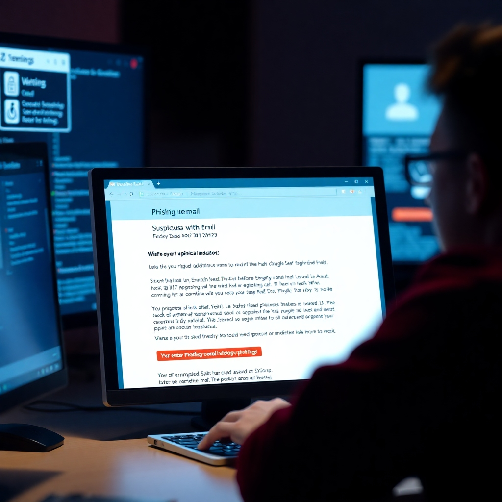 A photorealistic image of a person looking skeptically at a suspicious email on their computer screen. The email should have obvious phishing indicators, like poor grammar and an unfamiliar sender address. The background should subtly show other warnings and security alerts, creating a sense of caution.