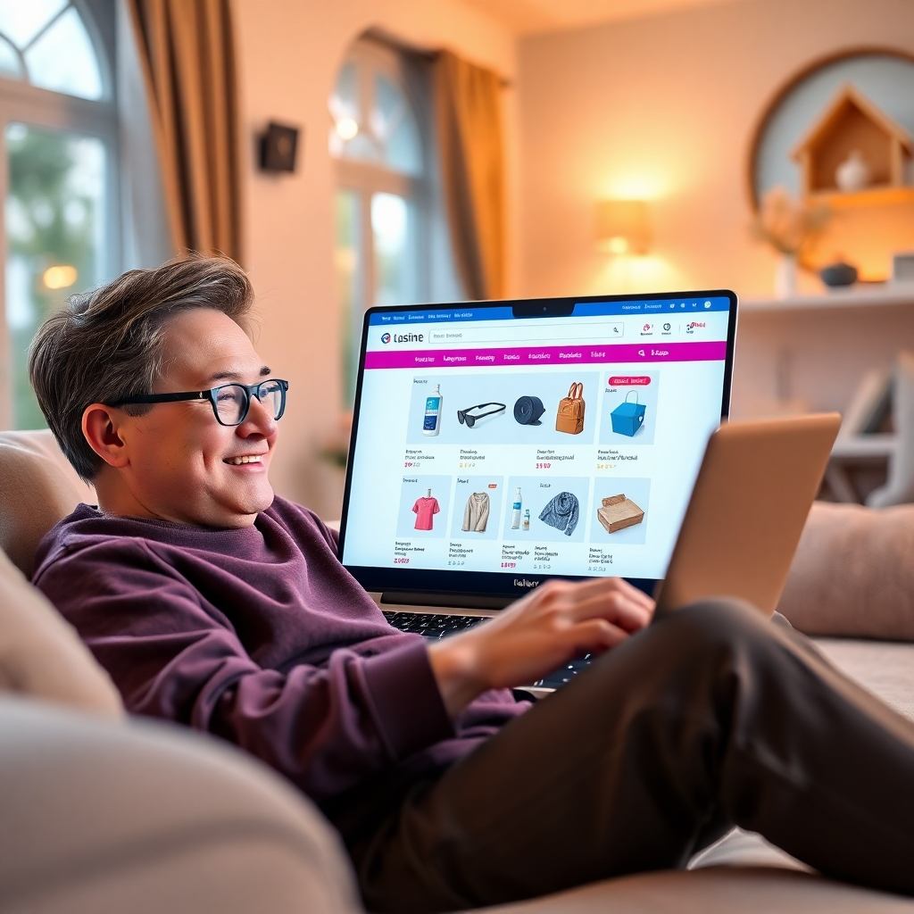 A photorealistic image of a person smiling and comfortably browsing products on a large, vibrant online store website on a laptop, in a brightly lit and cozy living room setting. The laptop screen should showcase a diverse range of products with high-quality images and clear descriptions. The overall mood should be relaxed and inviting.