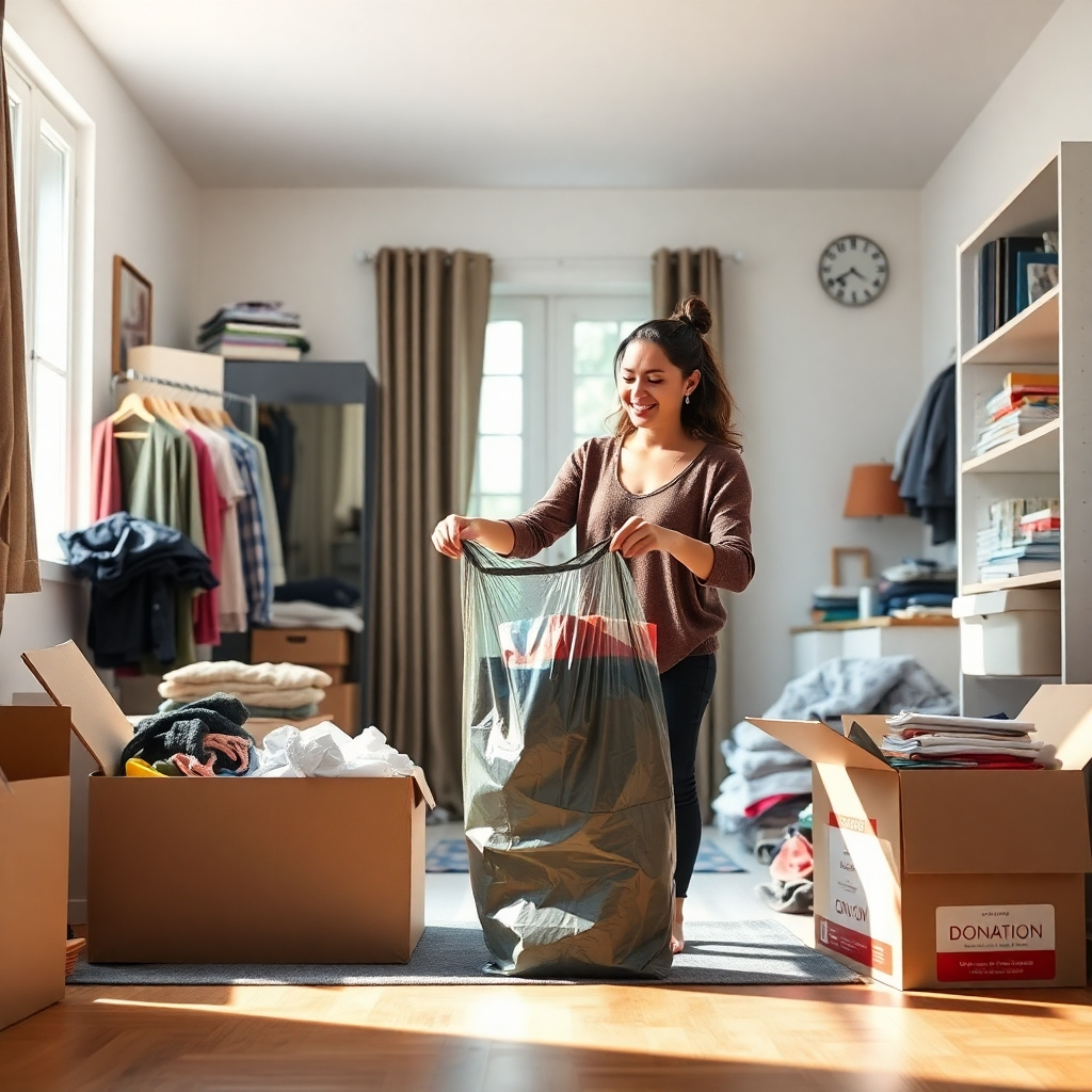 A photorealistic image of a person happily sorting through items in a brightly lit room, discarding some in a trash bag and placing others in donation boxes. The room is clean, organized, and filled with natural light.  The overall mood is one of calm and accomplishment. The image should feature a variety of items like clothes, books, and household goods, demonstrating a realistic decluttering scene.