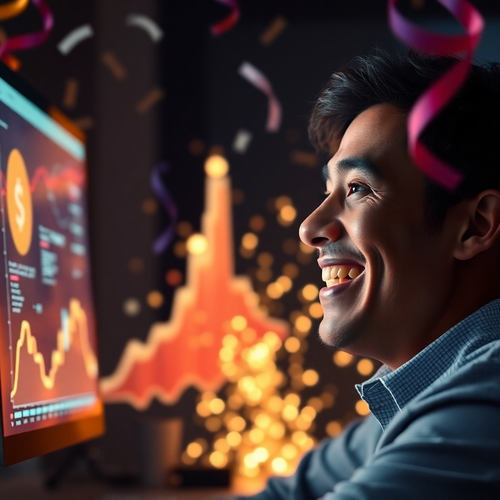 A photorealistic image of a person smiling and looking at a computer screen displaying a sharply rising cryptocurrency graph. The background should be bright and celebratory, with confetti and celebratory graphics. The overall tone should convey success and excitement.