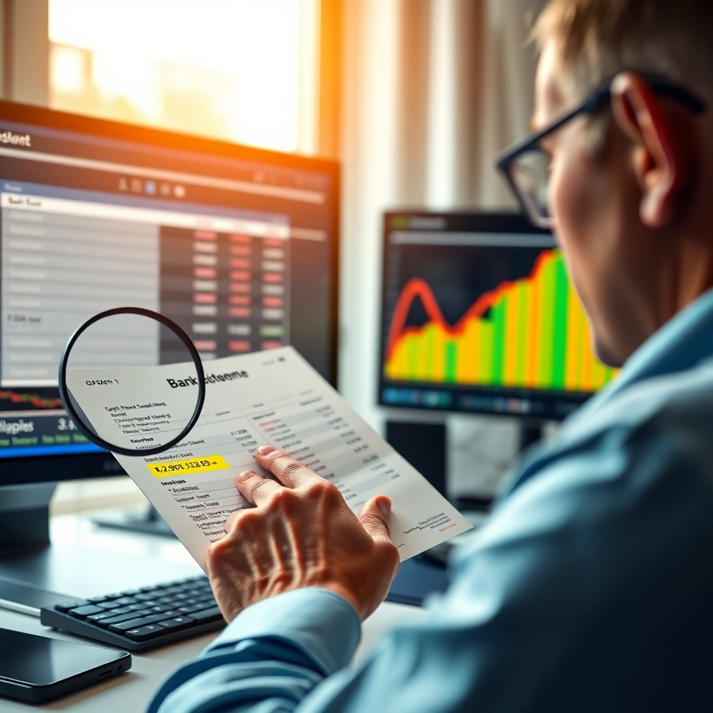 A photorealistic image of a person attentively reviewing a bank statement and comparing figures with accounting software displayed on a nearby monitor. The scene should highlight the meticulous comparison process, with a magnifying glass and highlighted figures visible.  The overall image should convey a sense of accuracy and precision.