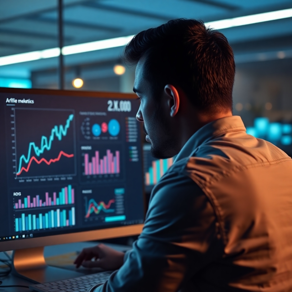 A photorealistic image of a person looking intently at a computer screen displaying charts and graphs related to affiliate marketing performance metrics. The image should highlight key performance indicators (KPIs) such as click-through rates, conversion rates, and ROI. The background should be a modern, tech-focused workspace. The overall feeling should be one of insightful analysis and strategic decision-making.
