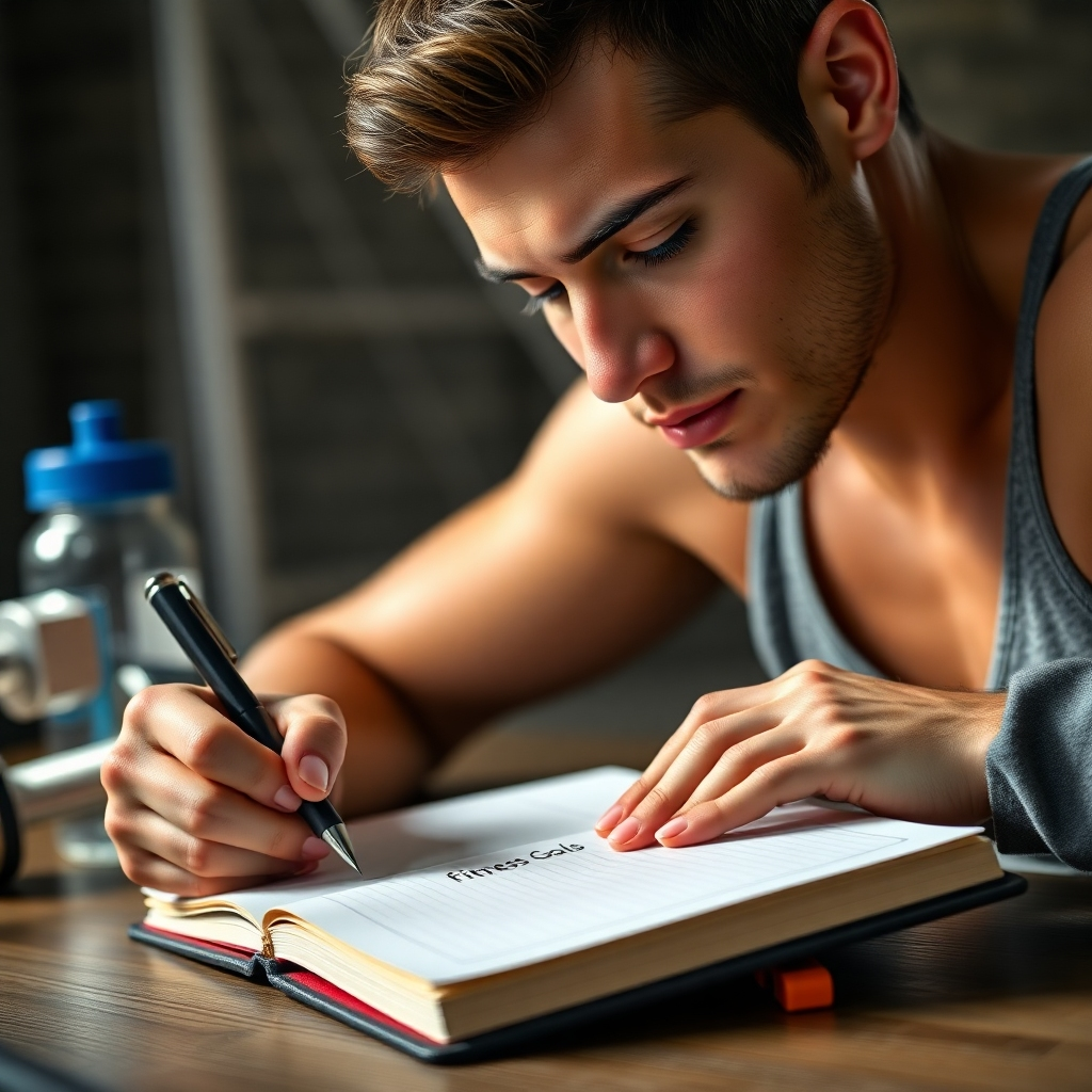 A photorealistic image of a person writing fitness goals in a journal, with dumbbells and a water bottle subtly in the background, conveying a sense of planning and preparation. The lighting should be soft and natural, with a focus on the person's determined expression. The overall mood should be calm and positive.