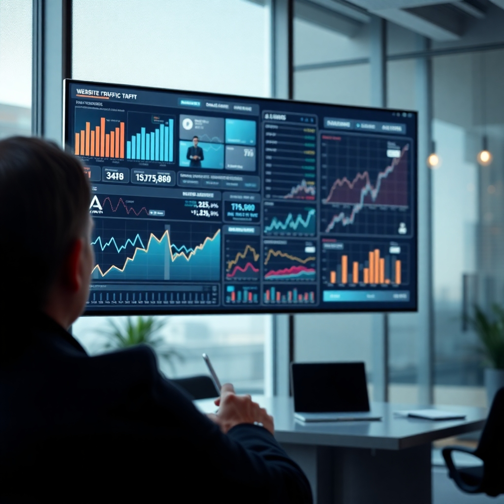 A photorealistic image of a person looking at a large screen displaying complex data visualizations of website traffic, social media engagement, and sales conversions, overlaid with upward-trending graphs. The background should be a modern, minimalist office setting. The overall mood should be one of insightful analysis and strategic planning.