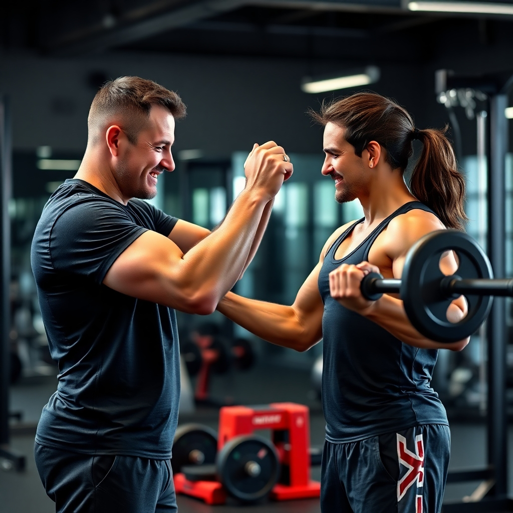A photorealistic image of a personal trainer actively working with a client, demonstrating proper form during a weightlifting exercise.  The image should convey a sense of positive energy, focus, and trust between trainer and client. The gym setting should appear clean and motivating.  The lighting should be well-balanced and high-quality.
