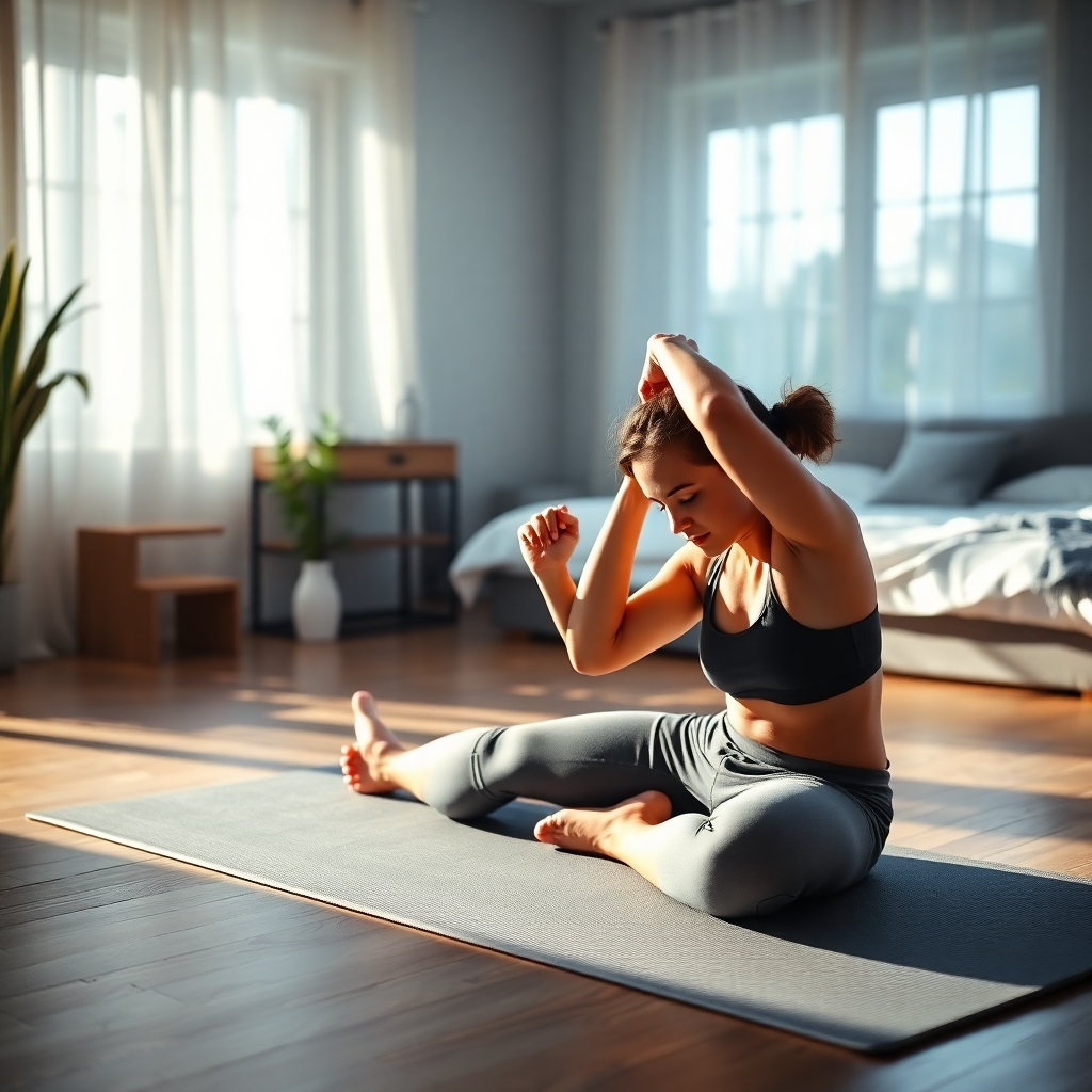 A photorealistic image of a person stretching after a workout, sitting comfortably on a yoga mat, looking relaxed and peaceful. The background should be a tranquil setting, like a serene bedroom or home gym. The image should convey calmness and the importance of recovery.