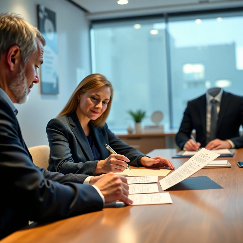 A photorealistic image of a person signing mortgage documents with a bank representative. The image should emphasize professionalism and security; include relevant documents and a calm, trustworthy setting to represent financial stability.