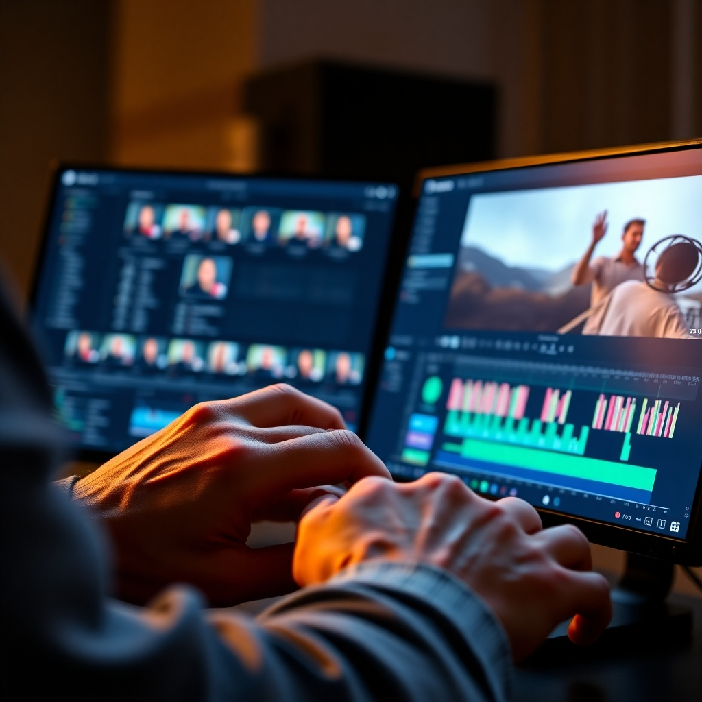 A photorealistic image of a person's hands actively using video editing software, with the interface clearly visible, showing the timeline, effects panel, and other key features. The background should be blurred, focusing on the software interface and hands. High-resolution, detailed, and brightly lit.