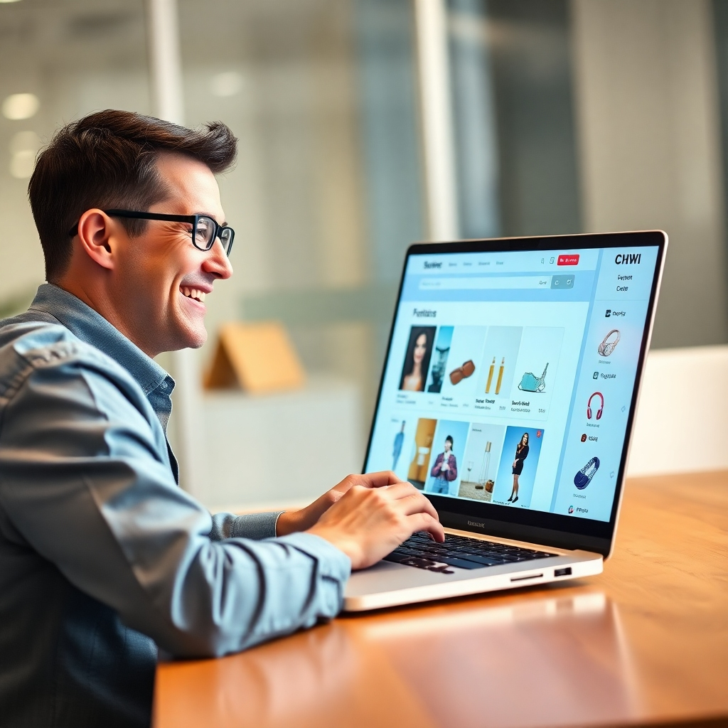 A photorealistic image of a person smiling while effortlessly navigating a clean and modern e-commerce website on a laptop, showcasing clear product categories and a user-friendly interface. The background should be a blurred, bright office setting. The laptop screen should be highly detailed and easily readable, showing a diverse range of products. The overall mood should be one of ease and efficiency.
