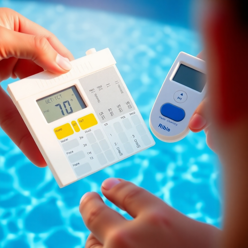 A photorealistic image of a person using a pool testing kit to check the water chemistry of a swimming pool. The image should show clear, labeled test strips and a digital pH meter.  The background should include a clean, well-maintained swimming pool with sparkling blue water, highlighting the importance of water chemistry.