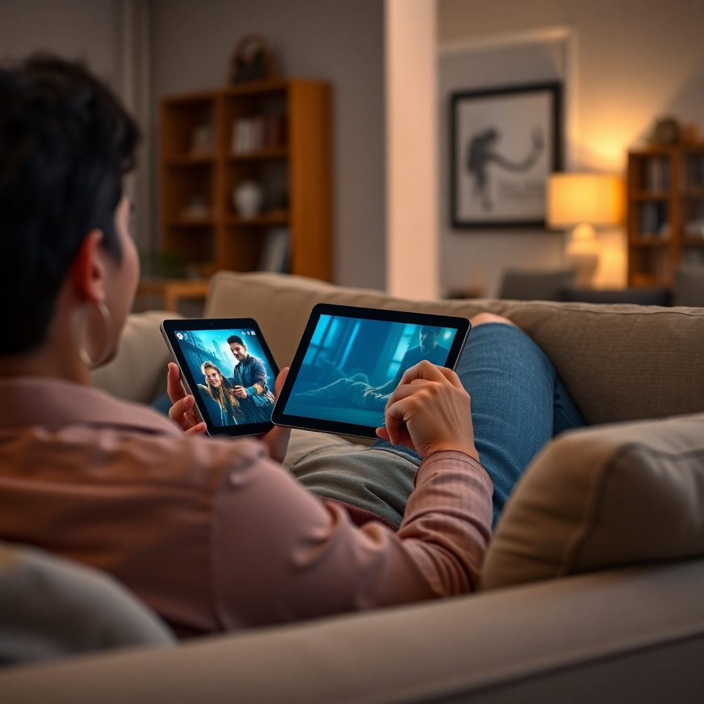 A photorealistic image of a person relaxing on a comfortable couch, smiling and using a tablet to stream a movie. The background should be a cozy living room with soft lighting, and the tablet screen displays a vibrant movie scene. High detail, sharp focus, cinematic lighting