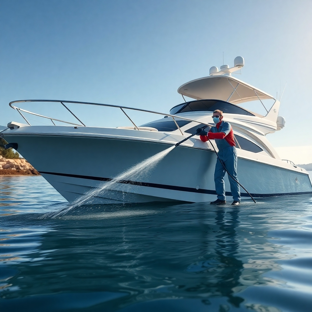 A photorealistic image of a person meticulously preparing a boat for detailing.  The boat should be a medium-sized yacht, partially submerged in clear, calm water. The person is wearing protective gear and using a pressure washer to rinse off loose dirt and debris. The background should be a sunny, outdoor setting with a clear blue sky.  The image should emphasize the careful and thorough nature of the pre-cleaning process.