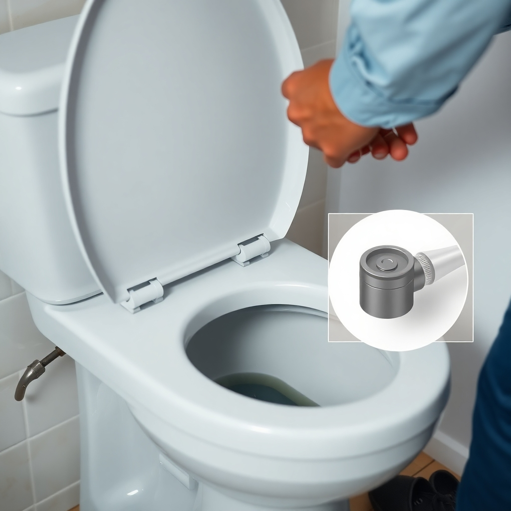 A photorealistic image of a person carefully inspecting a toilet tank, looking for leaks or any visible signs of damage. The toilet should be clean and in good condition, with clear, bright lighting highlighting the details of the tank mechanisms.  Include a close-up inset of a clearly visible flapper valve mechanism.