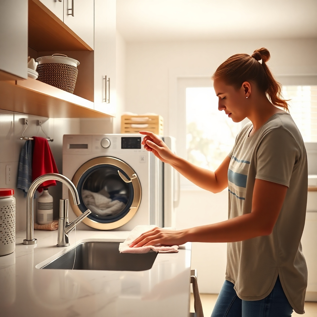 A photorealistic image of a person efficiently cleaning their home. They could be wiping down counters while simultaneously supervising a load of laundry in a nearby washing machine.  The scene should portray multitasking effortlessly. The background is a bright and spacious kitchen and laundry area.