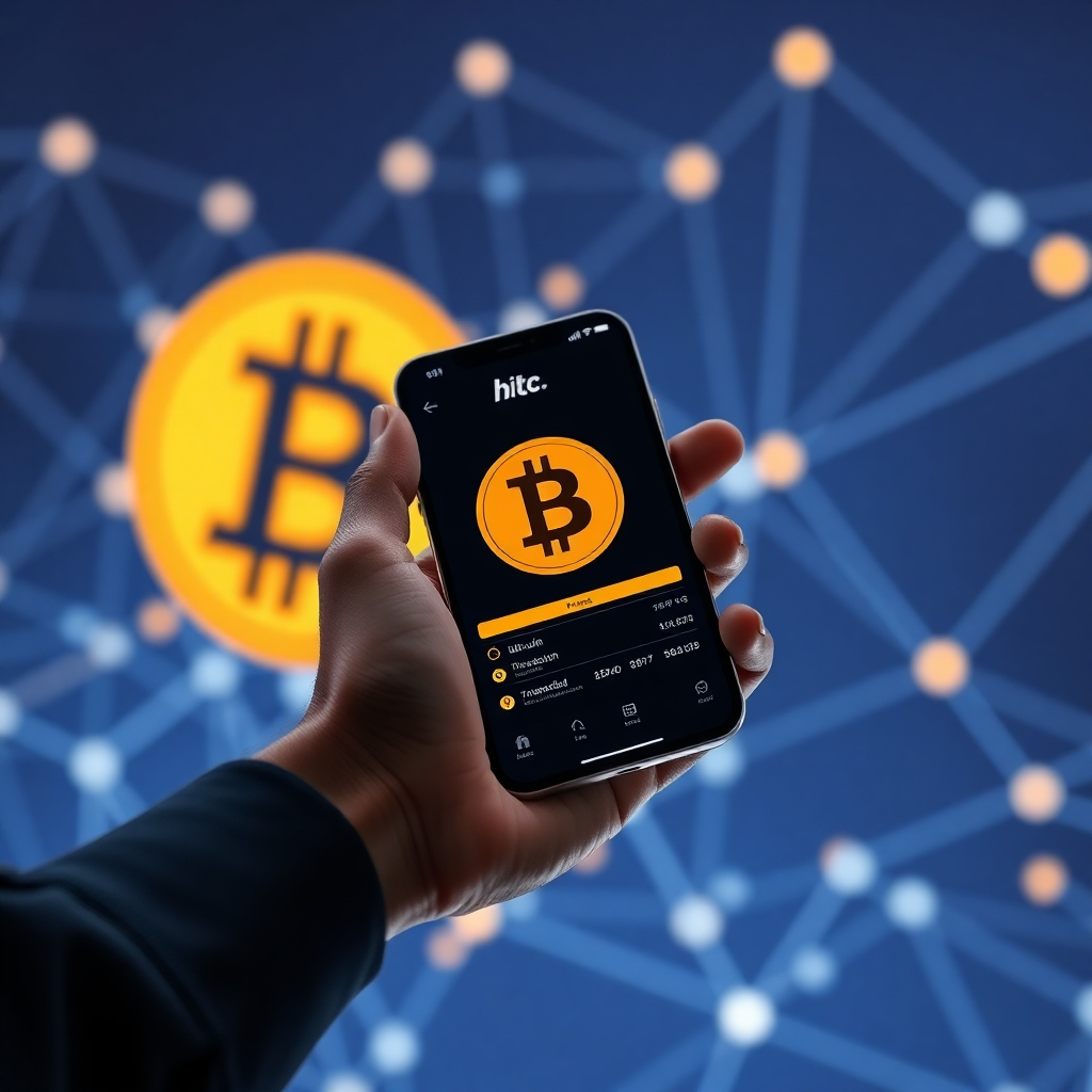 A photorealistic image of a person's hand holding a smartphone displaying a Bitcoin wallet app, showing a transaction in progress. The background should subtly depict a stylized Bitcoin logo and the blockchain network in the background. The image should convey security, ease of use, and digital financial inclusion. Use a clean and minimalist design, with a focus on the smartphone screen.