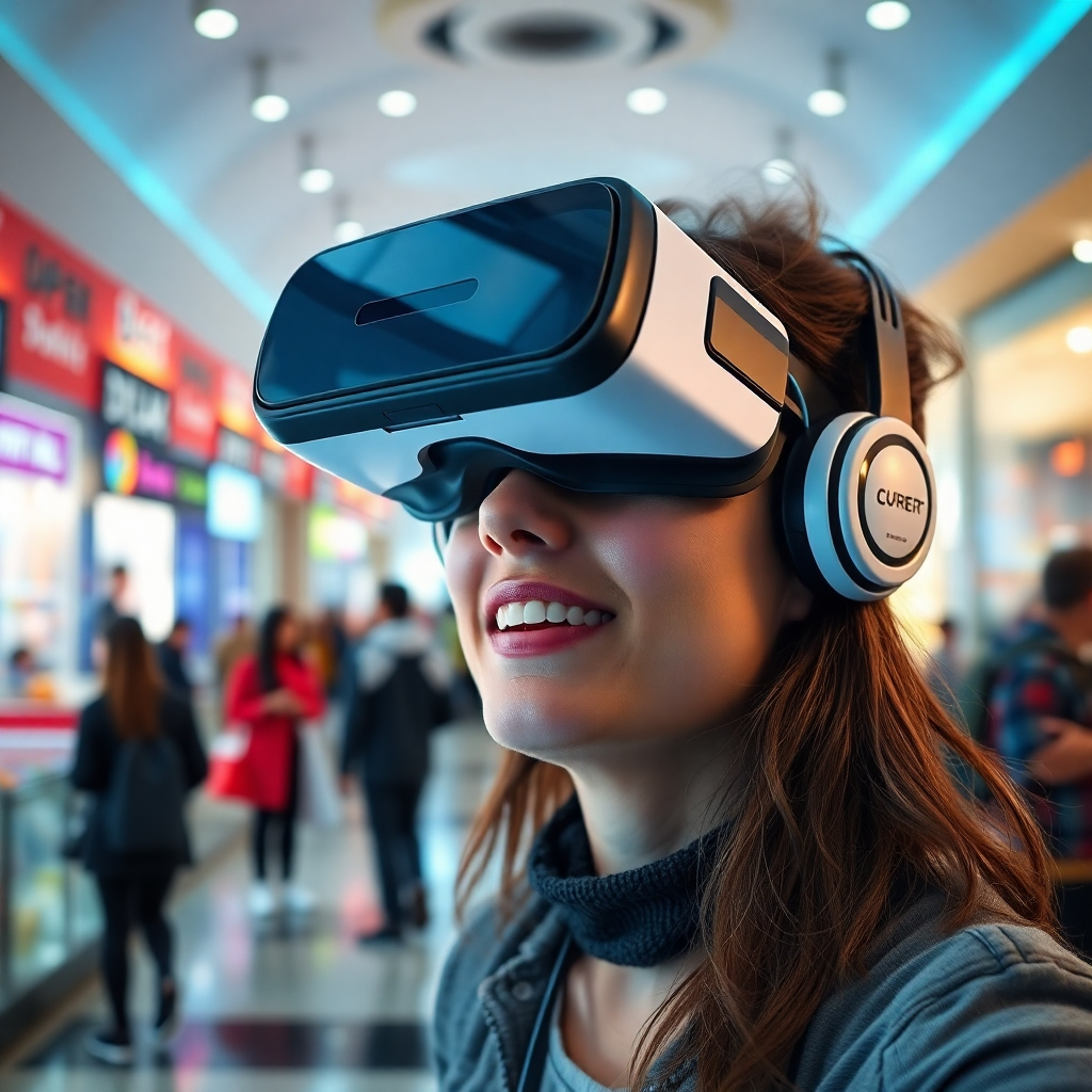 A photorealistic image of a person wearing VR headset, experiencing an immersive 3D environment within a virtual shopping mall. The environment should be highly detailed and realistic, with interactive elements and realistic lighting effects. The person's facial expression should convey excitement and engagement. The image should emphasize the seamless blend between the virtual and real worlds.