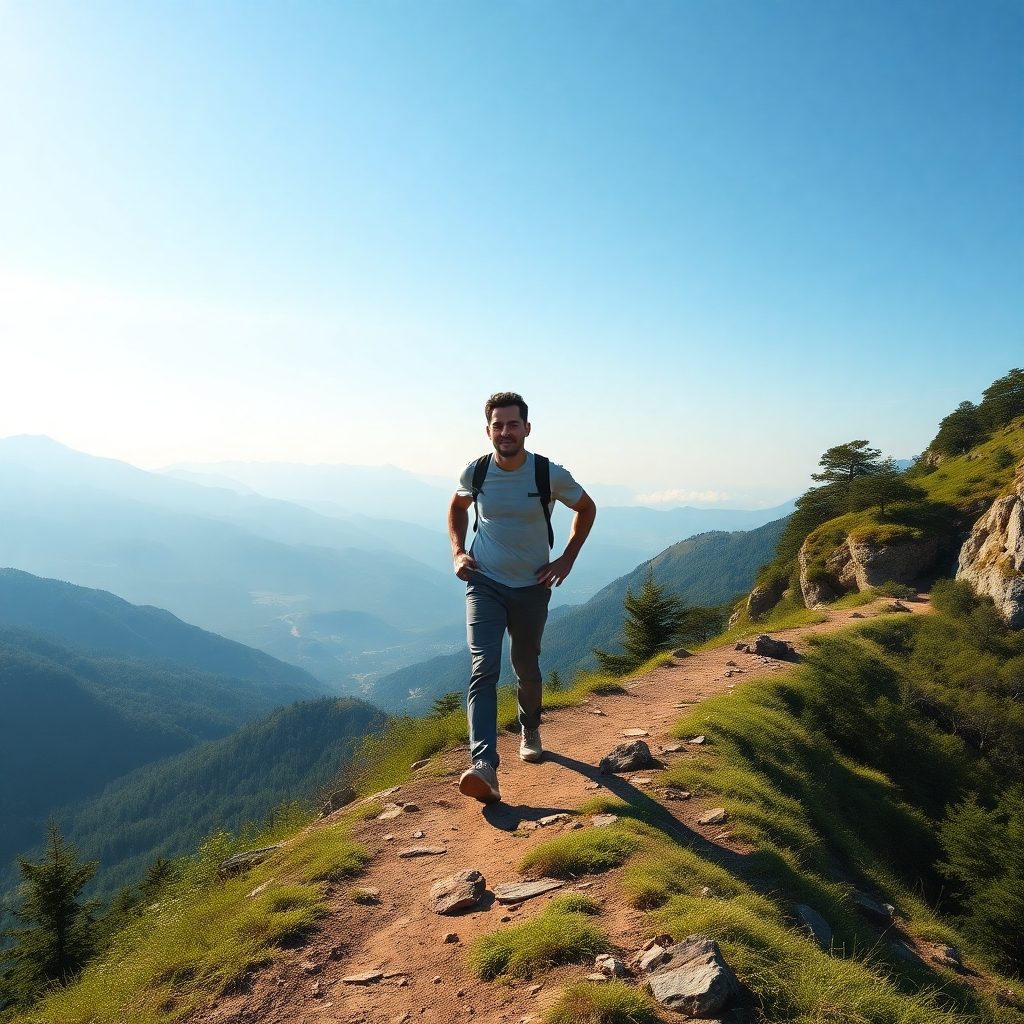 A photorealistic image of a person confidently striding forward on a mountain path, with a clear, bright sky overhead, and a panoramic view of lush nature. The person should have a strong and determined posture, with a confident expression. The overall mood should be one of success, achievement, and self-belief.
