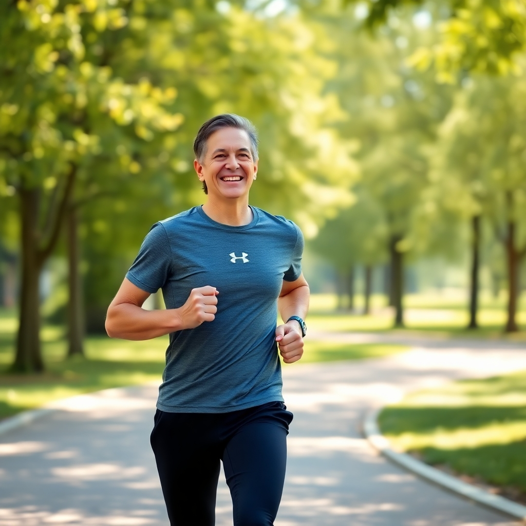 A photorealistic image of a person beginning a light jog in a park, smiling and looking comfortable, wearing athletic clothing.  The background should be a sunny park with lush green trees. The image should evoke a feeling of ease and enjoyment.