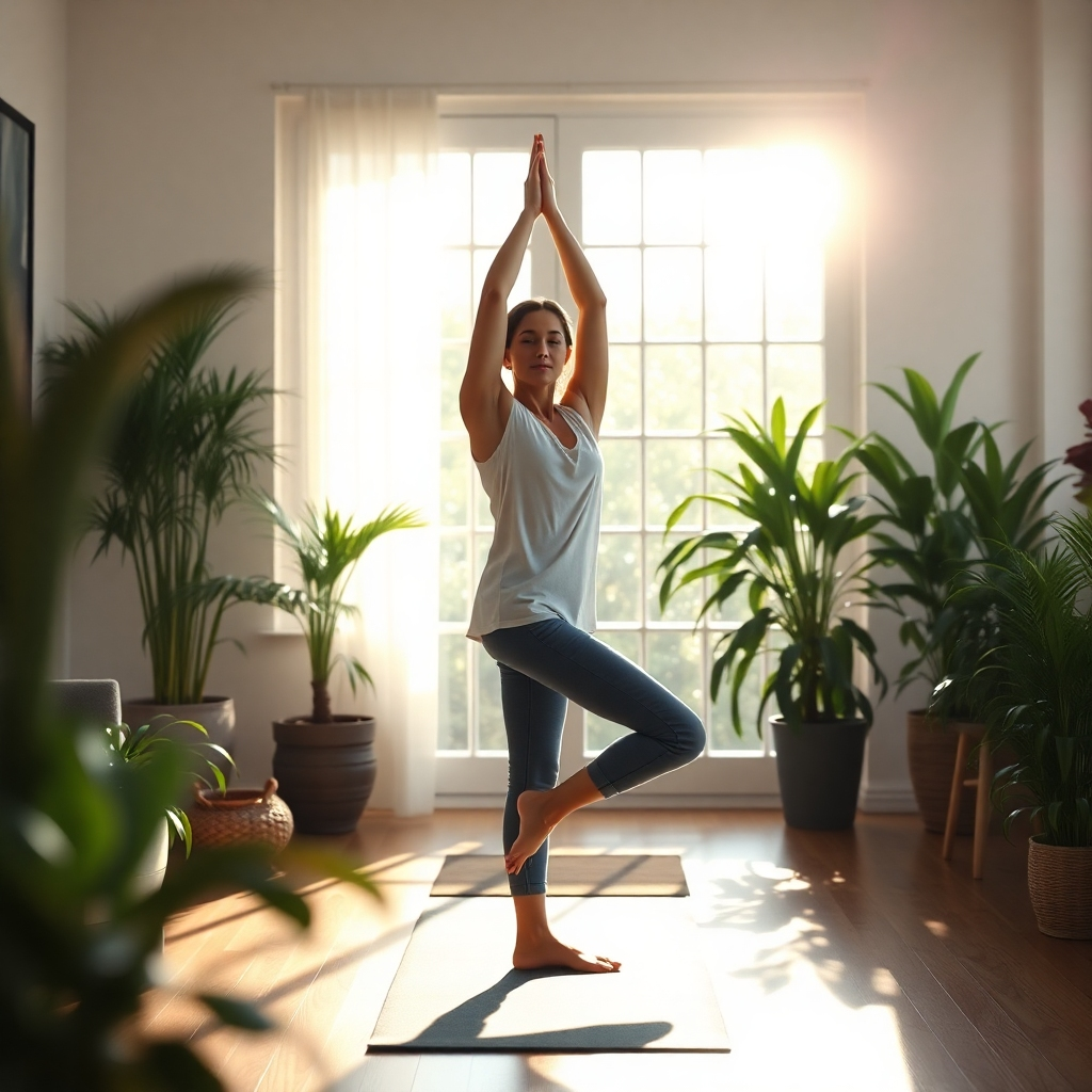 A photorealistic image of a person doing yoga in a sunlit room with plants, feeling peaceful and serene. The image should emphasize calmness and mindful movement.  High resolution, detailed, vibrant colors, shallow depth of field, natural lighting