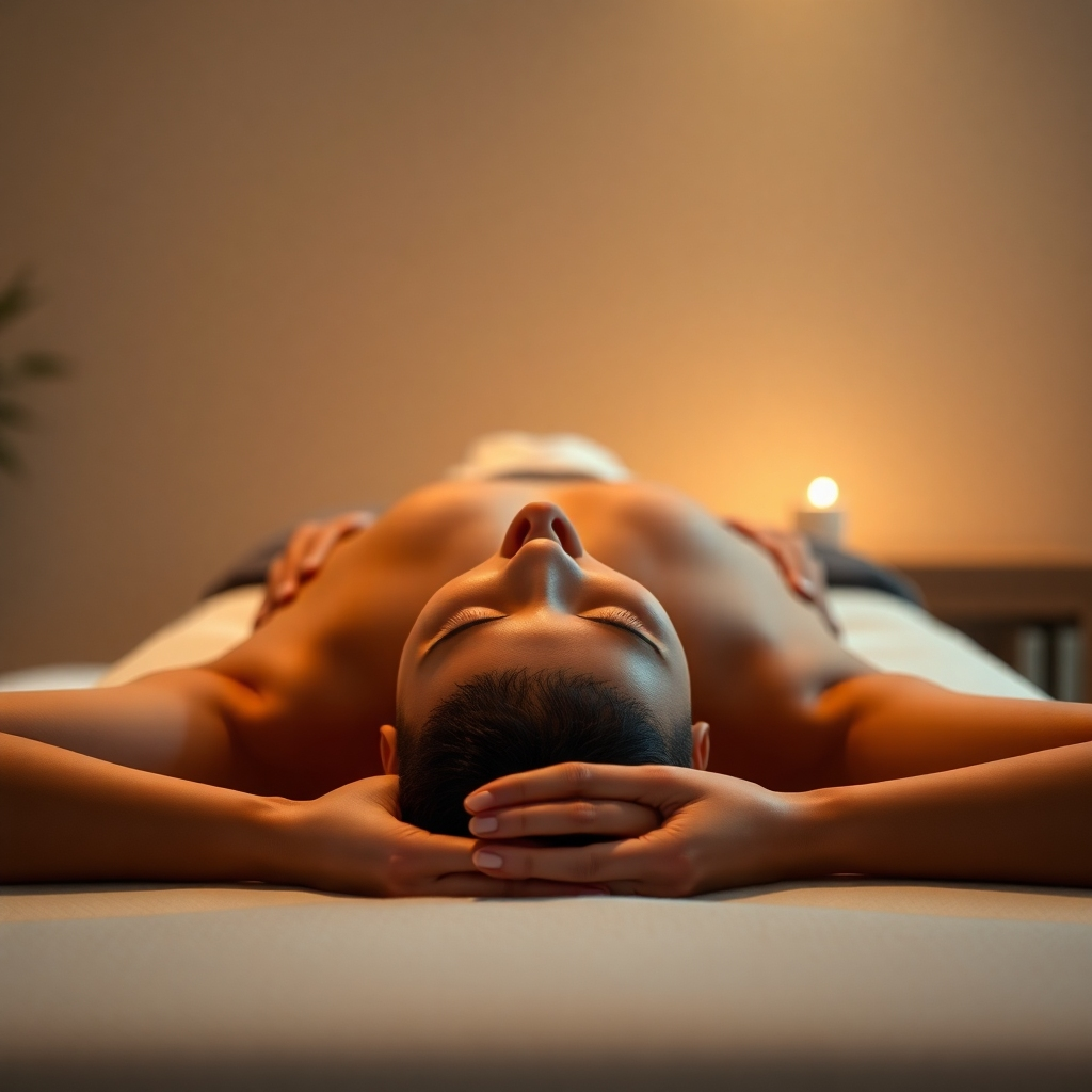 A photorealistic image of a person lying face down on a massage table, receiving a back massage. The room is dimly lit, creating a calm and serene atmosphere. Soft, warm lighting highlights the therapist's hands gently kneading the person's back muscles. The person's face is relaxed and peaceful, with their eyes closed. The image should emphasize the feeling of relaxation and tranquility.