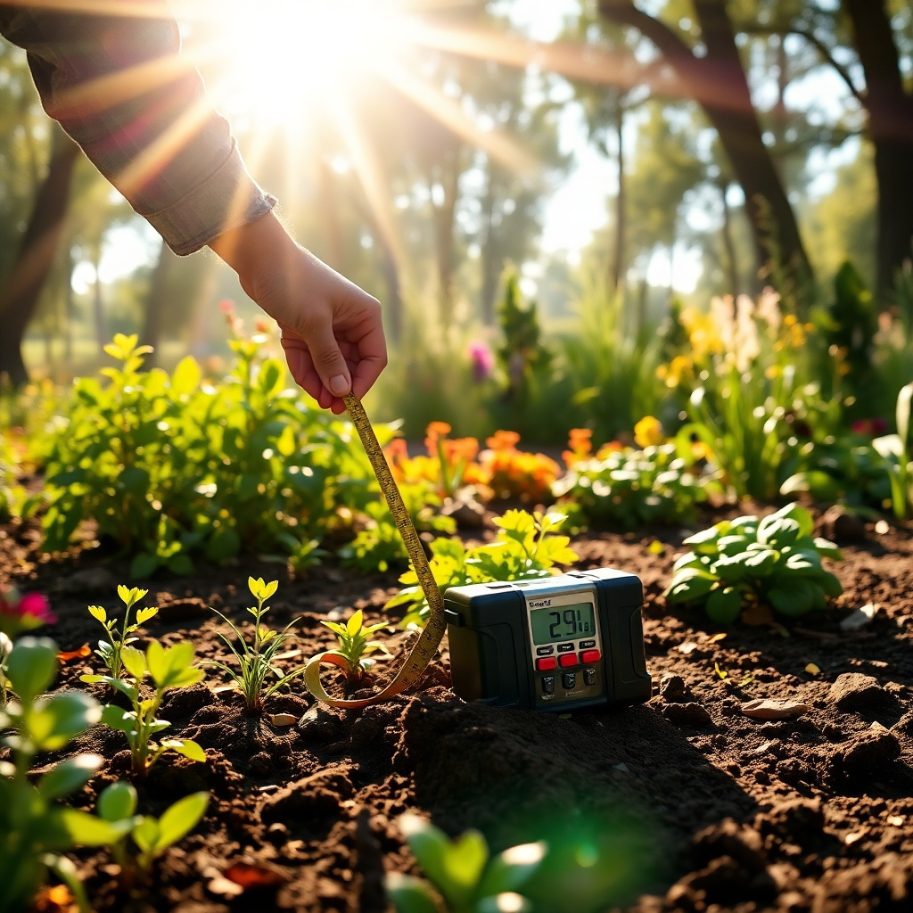A photorealistic image of a person using a measuring tape and a soil testing kit in a garden, with sunlight streaming through the trees and diverse plant life visible in the background. The image should have a warm, inviting feel, emphasizing the importance of careful planning and preparation.