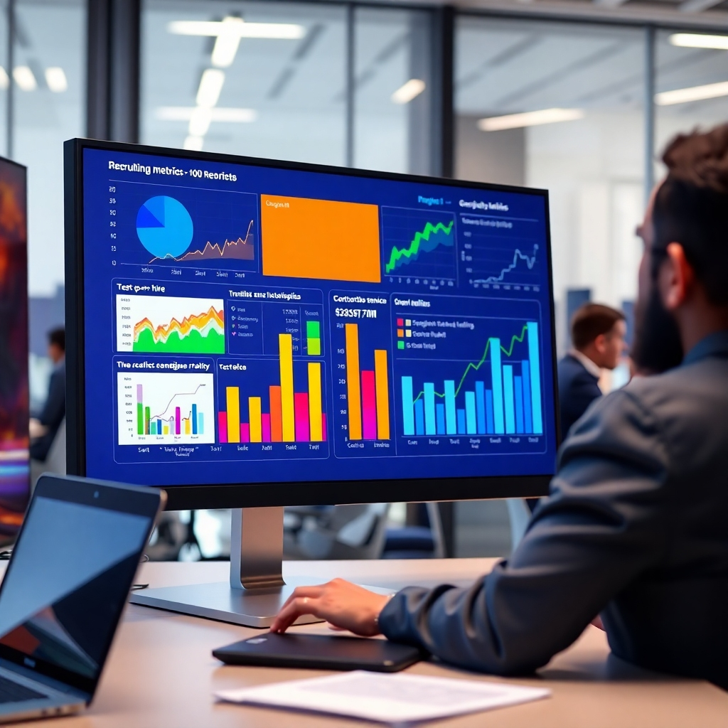 A photorealistic image of a person reviewing a large screen displaying various colorful charts and graphs. The charts should represent key recruiting metrics (e.g., time-to-hire, cost-per-hire, candidate source). The background should be a subtle representation of a modern office setting with other employees working in the background. The image should exude a sense of data analysis and strategic decision-making.