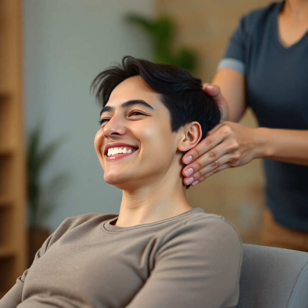 A photorealistic image of a person smiling while sitting upright, receiving a neck and shoulder massage. The image should evoke a feeling of relief and comfort. The background should be slightly blurred to emphasize the focus on the massage and the person's happy expression. High-resolution, detailed image with a shallow depth of field.
