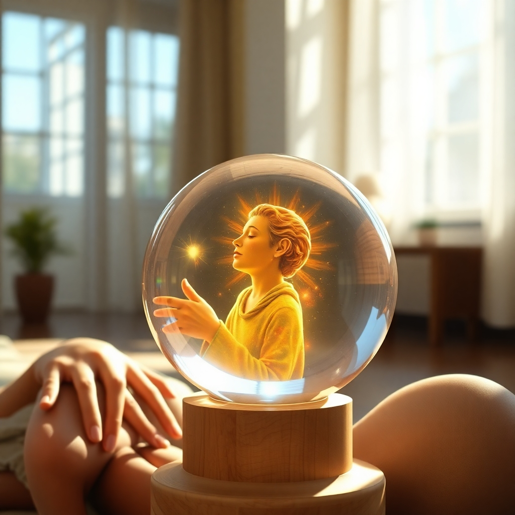 A photorealistic image of a person sitting peacefully in a sunlit room, looking thoughtfully at a clear crystal ball that displays a vibrant and hopeful image of their future self. The background should be soft and blurred, focusing the viewer's attention on the person and their vision. The overall style should be serene, peaceful, and hopeful.
