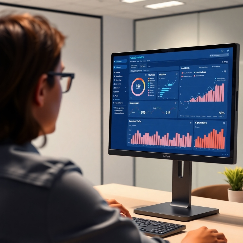 A photorealistic image of a person looking at a computer screen displaying detailed social media analytics dashboards. The dashboard should show key metrics like engagement rates, reach, website traffic, and conversion rates. The image should evoke a sense of data-driven decision-making and strategic optimization. The background should be a modern, minimalist office setting, with the focus remaining on the analytics screen.