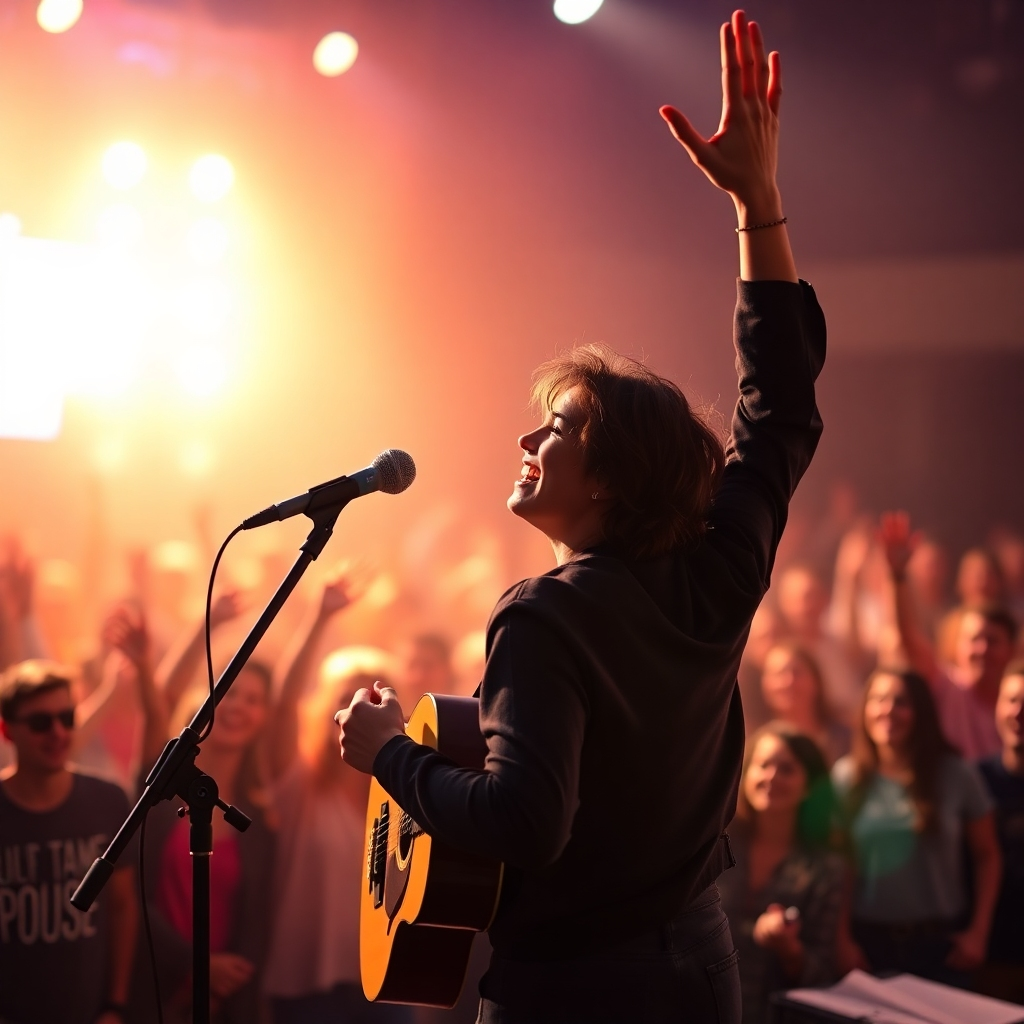 A photorealistic image of a person confidently performing music on stage in front of a cheering audience. The focus should be on the performer's joyful expression and the emotional connection with the audience.  The background should be blurred but include the warm glow of stage lighting and the silhouettes of enthusiastic spectators.