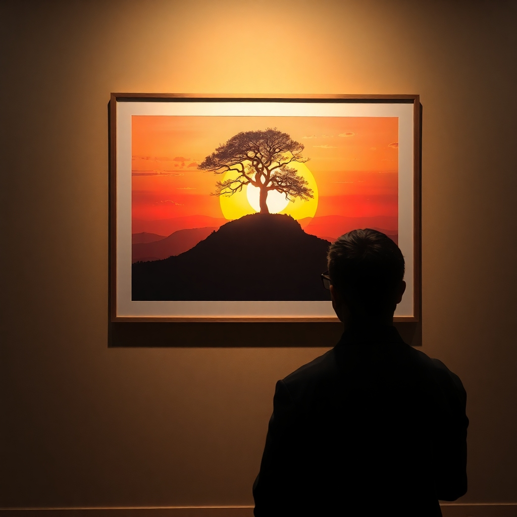 A photorealistic image of a person looking at a powerful illustration of a lone tree on a hilltop during sunset. The illustration should be displayed on a gallery wall with warm lighting, highlighting the emotional impact of art.