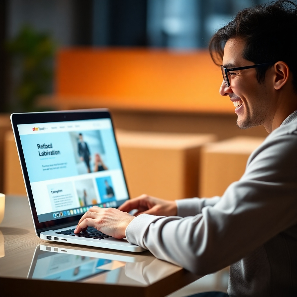 A photorealistic image of a person smiling and easily navigating a clean, modern website on a laptop, with smooth transitions and clear calls to action.  The background should be blurred, focusing attention on the user and the website interface. The website should showcase bright, appealing colors and a minimalist design.