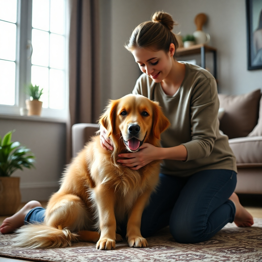 A photorealistic image of a pet sitter kneeling down, giving a loving cuddle to a Golden Retriever, in a cozy living room setting. Natural light streams in from a nearby window. The focus is on the genuine bond between the sitter and the pet.