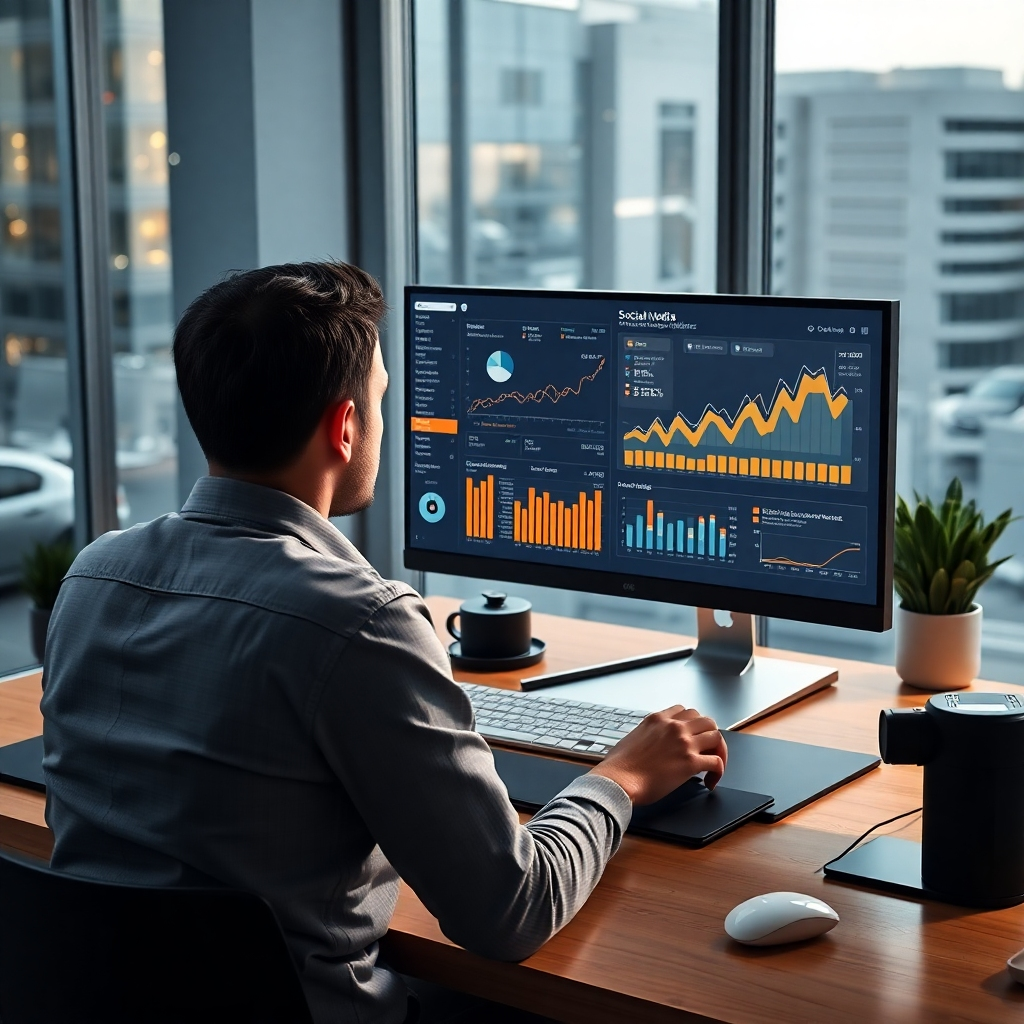 A photorealistic image of a person sitting at a modern desk, looking intently at a computer screen displaying a detailed social media analytics dashboard. The dashboard should feature graphs, charts, and key metrics related to social media engagement, reach, and conversion rates. The overall atmosphere should project focus and data-driven decision-making.