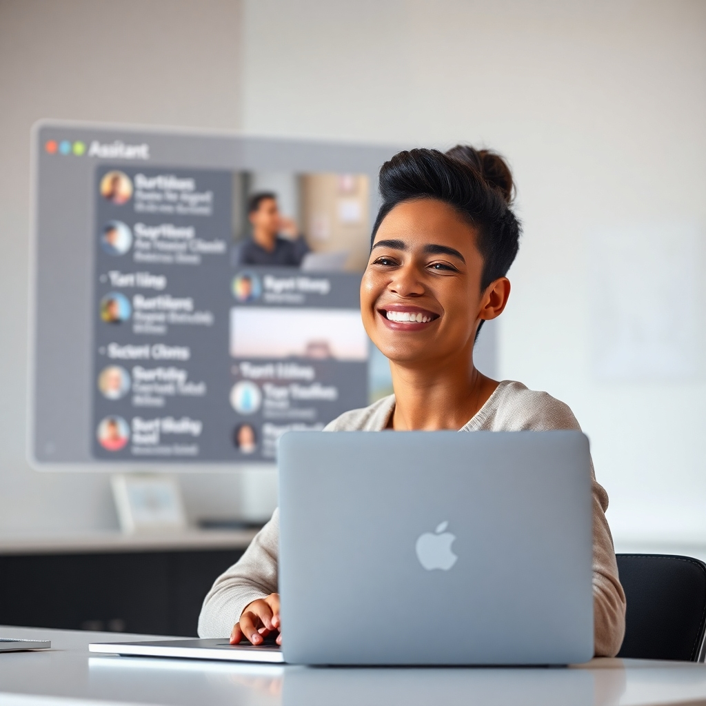 A photorealistic image of a person smiling and relaxed, sitting at a minimalist desk with a laptop, while a blurred image of a virtual assistant's interface shows various tasks being completed in the background. The overall mood should be calm and productive, with soft lighting and a clean aesthetic.  The focus should be on the person's relaxed expression, contrasting with the busy background tasks.