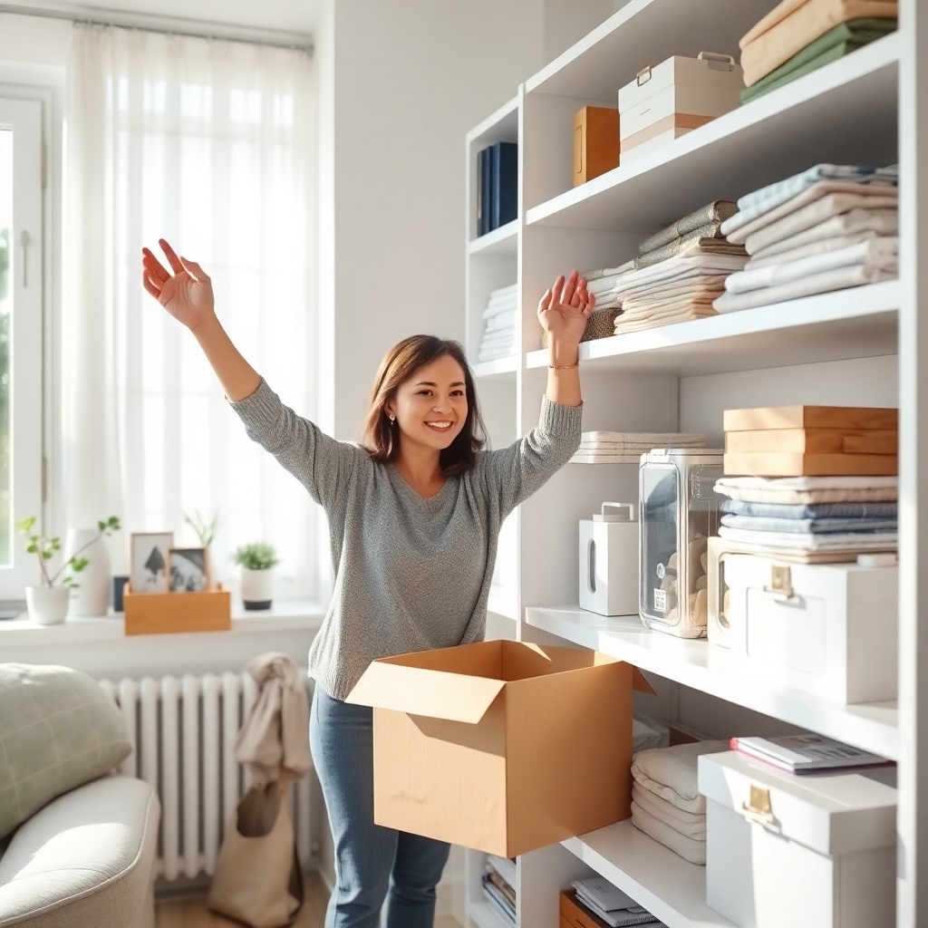 A photorealistic image of a person happily organizing and decluttering items from a shelf, placing some in a donation box and others neatly back onto the shelf, in a bright, airy, sunlit room with minimalist decor. The focus should be on the organized and decluttered area after the decluttering process. The image should convey a sense of calm and orderliness.