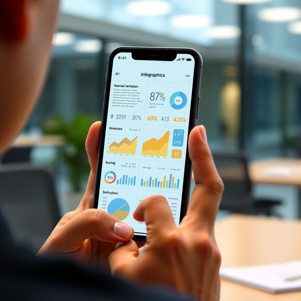 A photorealistic image of a person looking at a smartphone screen displaying an infographic.  The infographic uses a combination of clear icons, charts, and minimal text to illustrate complex financial data in a simple and accessible manner.  The setting should be a modern, well-lit office.