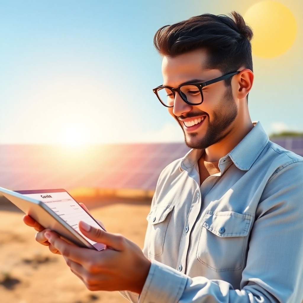 A photorealistic image of a person smiling while easily filling out a solar quote form on a tablet, with a bright sunny background and solar panels subtly visible in the distance. The image should convey ease and simplicity.