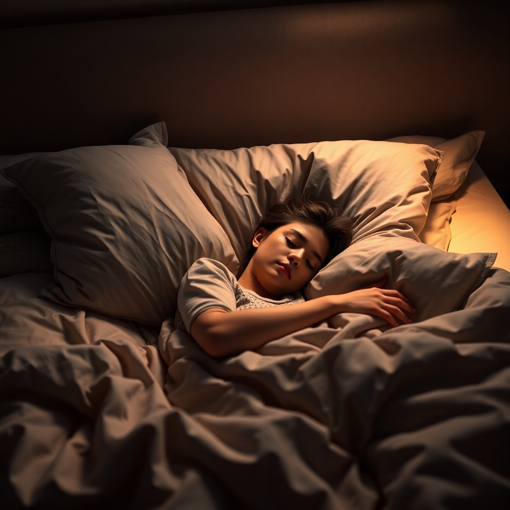 A photorealistic image of a person sleeping soundly in a comfortable bed, surrounded by soft pillows and blankets, in a dimly lit, quiet bedroom. The image should convey a sense of deep relaxation and peaceful sleep. High resolution, detailed, soft lighting, warm color palette