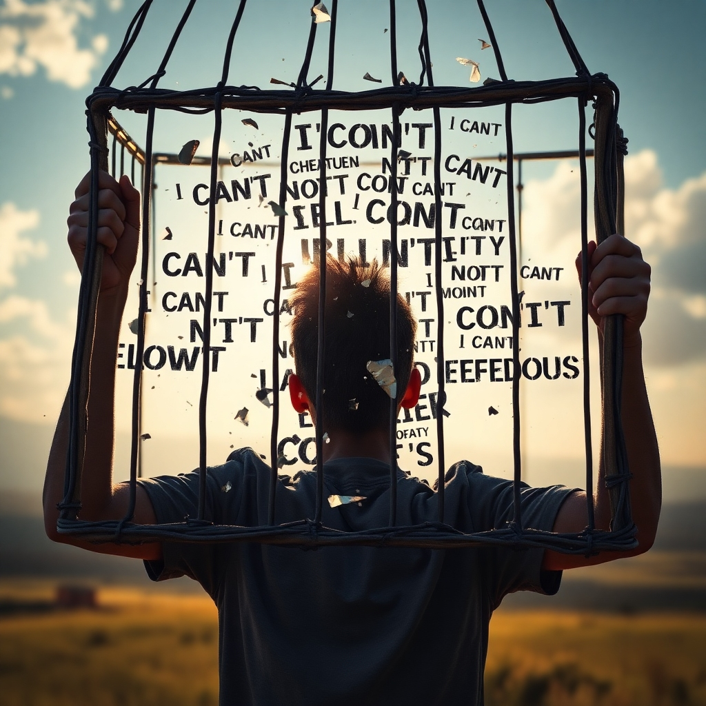A photorealistic image of a person shattering a cage made of negative thoughts and words, like "I can't", "I'm not good enough", etc. The person is breaking free from the cage, symbolizing freedom and self-belief. The background should be a bright, hopeful landscape.