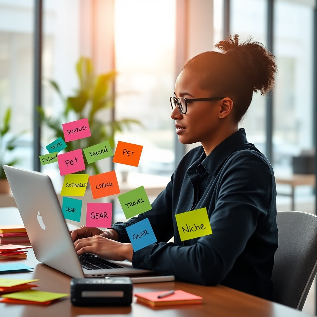 A photorealistic image of a person sitting at a laptop, surrounded by various colorful sticky notes with different niche ideas written on them (e.g., "Pet Supplies," "Sustainable Living," "Travel Gear"), showcasing a brainstorming session for niche selection. The background should be a bright, modern office space with natural light streaming through a large window.