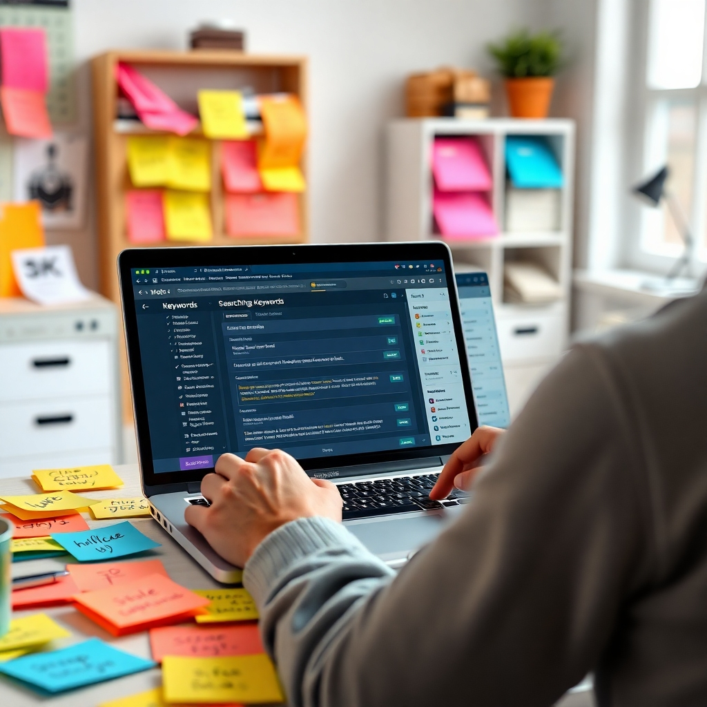 A photorealistic image of a person researching keywords on a laptop, surrounded by colorful sticky notes with niche ideas written on them, in a bright and organized home office. The laptop screen displays a keyword research tool with data on search volume and competition. The overall mood is one of focused determination and productivity.