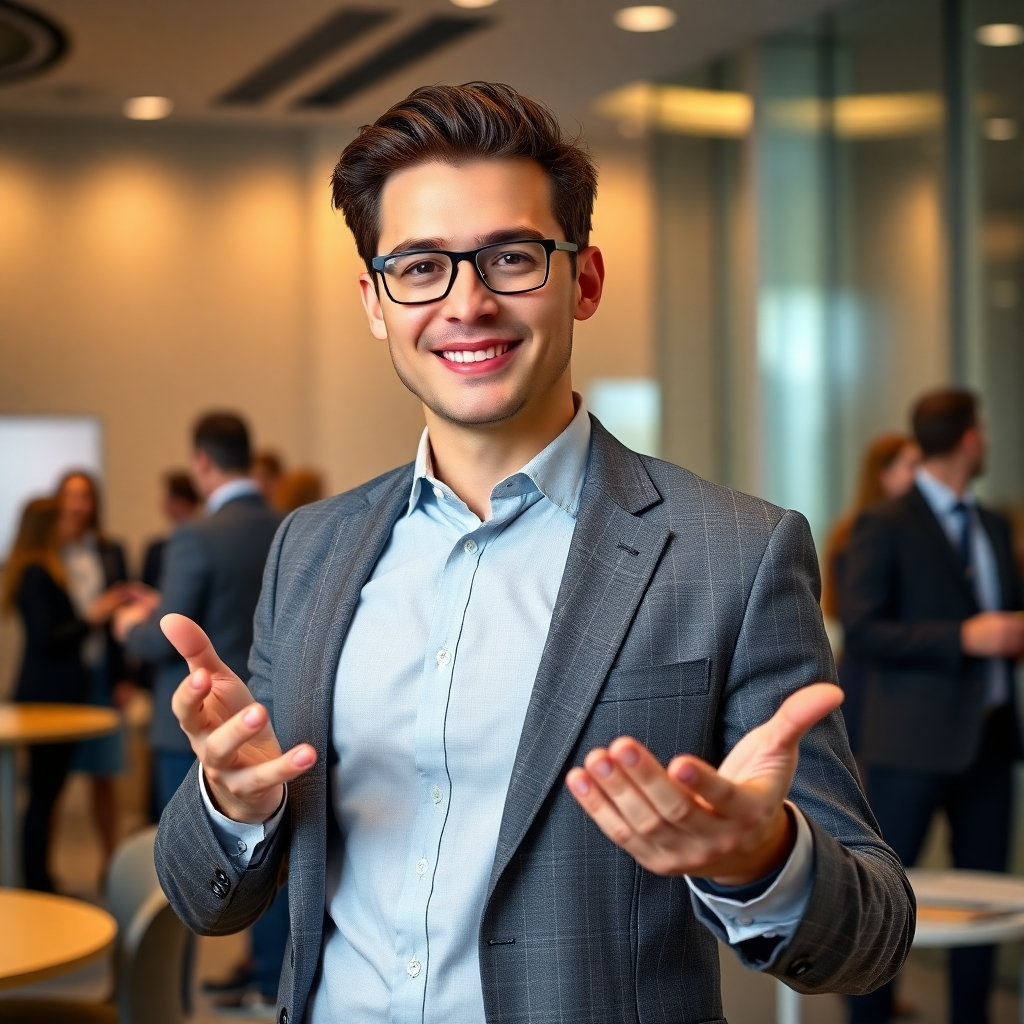 A photorealistic image of a person confidently presenting themselves in a modern, professional setting. They could be giving a presentation, networking at a conference, or showcasing their work in a portfolio.  The background should be sleek and sophisticated, emphasizing their polished personal brand and professional achievements.