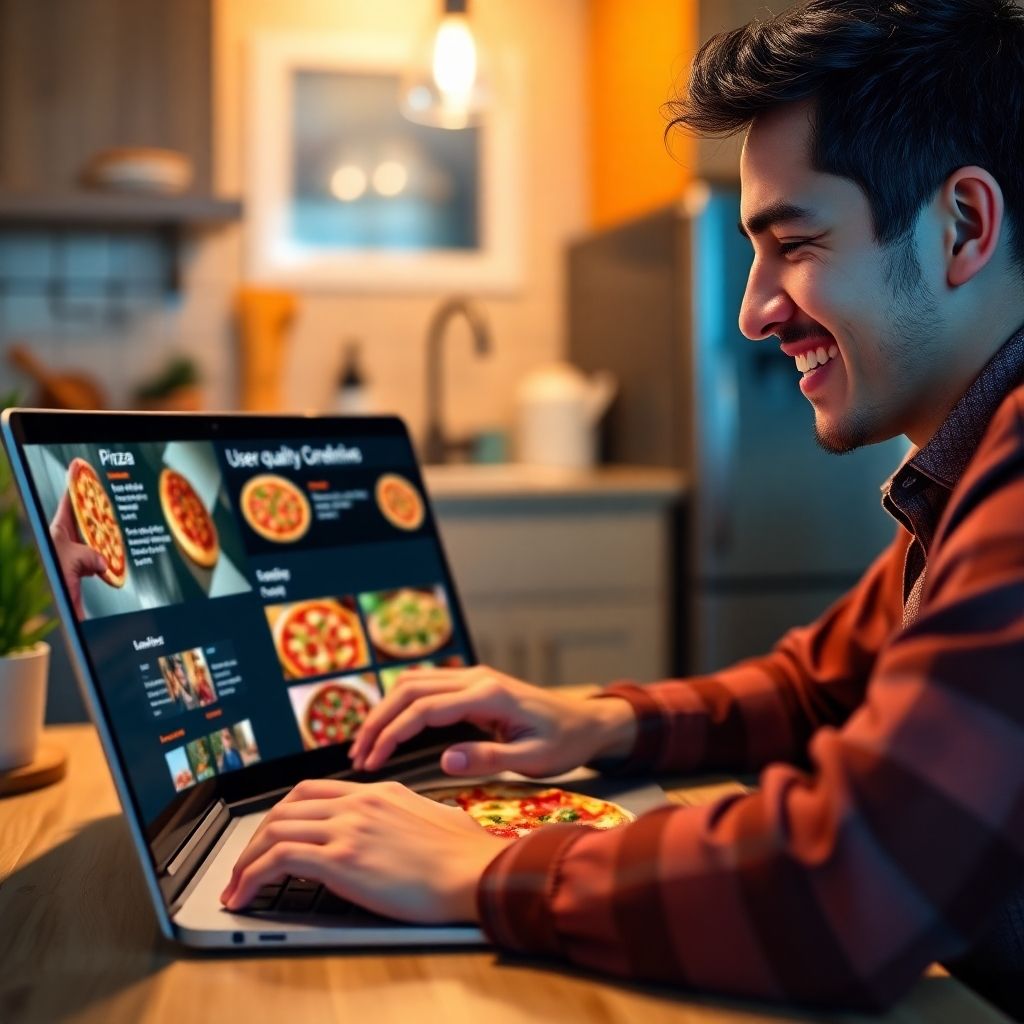 A photorealistic image of a person smiling while using a laptop to order pizza online. The laptop screen shows a vibrant, user-friendly pizza ordering website with high-quality pizza images.  The background should be a cozy, well-lit kitchen.