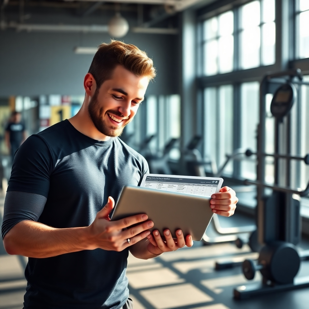 A photorealistic image of a personal trainer and a client reviewing a digital tablet displaying a customized workout plan, set in a modern, well-equipped gym. The atmosphere should be positive and encouraging, with natural light streaming in. The client should appear motivated and engaged, while the trainer looks supportive and professional.  High-resolution, detailed image with focus on both the tablet and the positive interaction between the trainer and client.