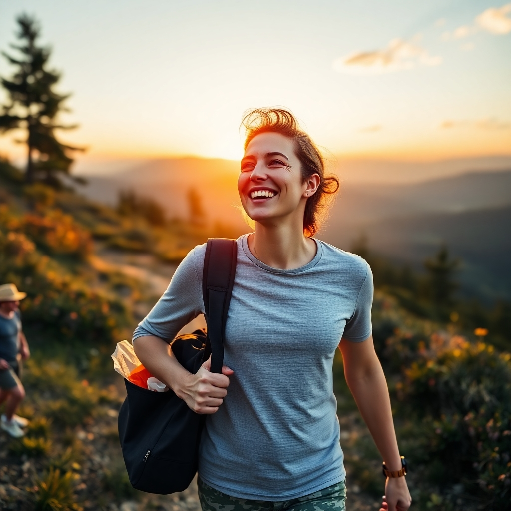 A photorealistic image of a person confidently walking on a scenic trail, smiling and looking towards a bright future.  The image should also include subtle visual elements representing their wellness journey, such as healthy food in a bag and a fitness tracker.  The overall mood should be energetic, optimistic, and inspirational. High resolution, highly detailed, realistic lighting and shadows