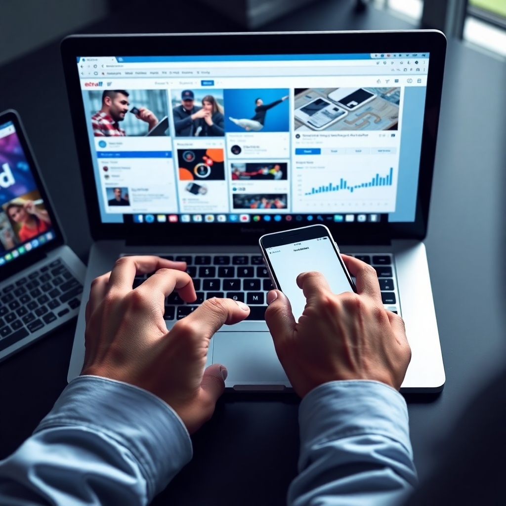 A photorealistic image of a person's hands using multiple devices, including a laptop, smartphone, and tablet, to manage various marketing channels. Each screen displays different marketing activities, such as social media posts, email campaigns, and SEO analytics. The image emphasizes the interconnectedness of these different channels and the collaborative effort required for successful affiliate marketing.