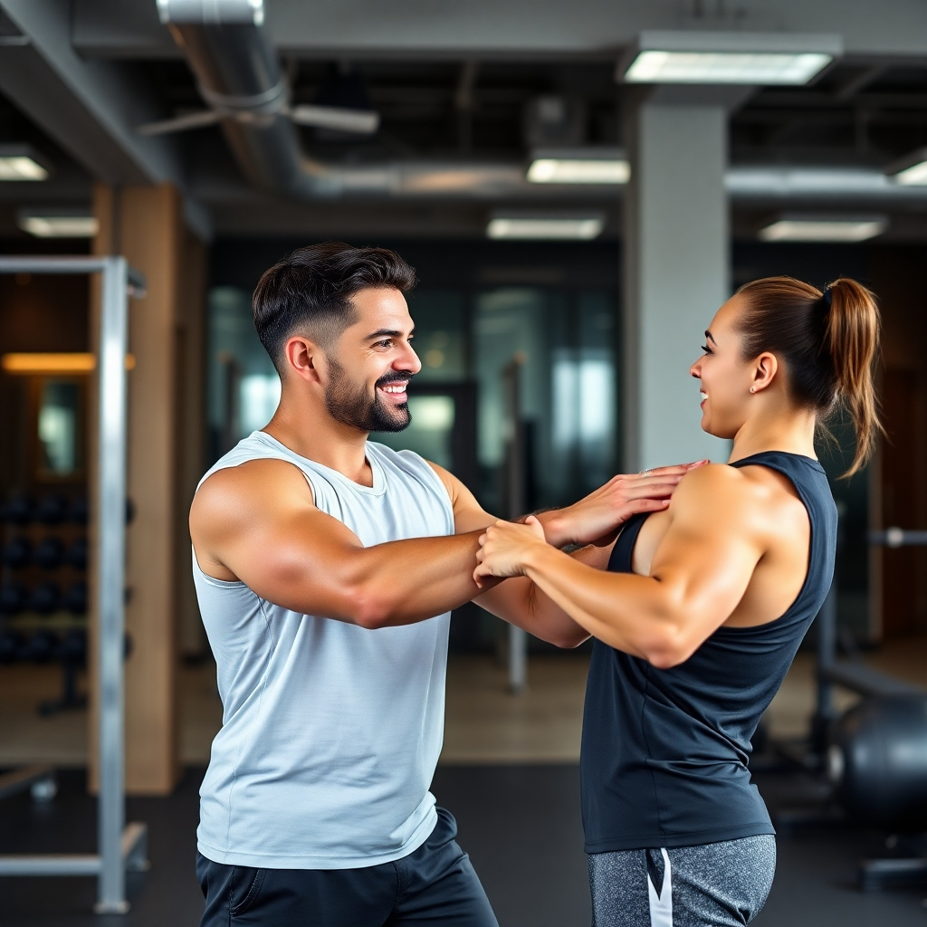 A photorealistic image of a personal trainer working one-on-one with a client in a modern gym. The trainer should be demonstrating an exercise, with the client actively participating. The background should be slightly blurred, focusing attention on the trainer and client. The overall mood should be positive and energetic, showcasing a strong trainer-client bond and effective personal training.