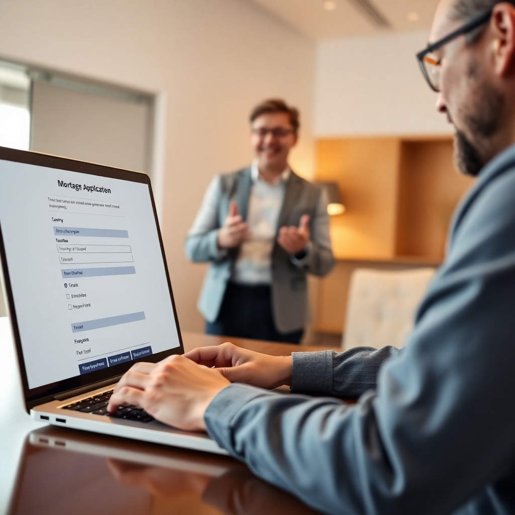 A photorealistic image of a person completing a mortgage application online using a laptop.  The screen displays a clear, user-friendly form. In the background, a partially visible mortgage broker is standing smiling and reassuringly gesturing.  The scene should be bright and modern, emphasizing the ease and convenience of the application process.  The image should project a sense of calm and efficiency. High-resolution, detailed image with a focus on the clean lines of the computer interface.